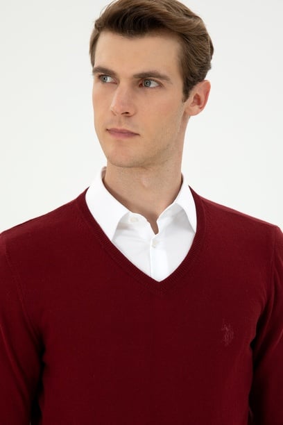 Erkek Slim Fit V Yaka Bordo Basic Kazak
