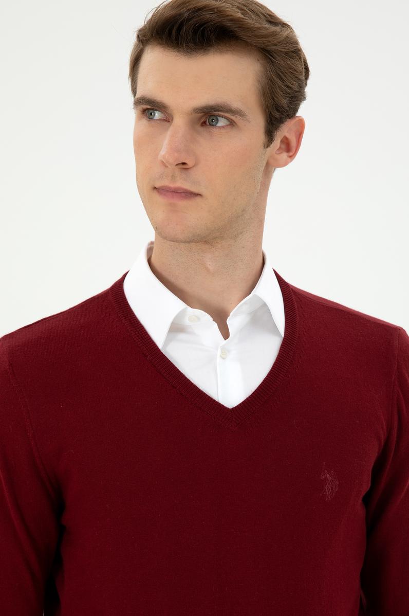 Erkek Slim Fit V Yaka Bordo Basic Kazak