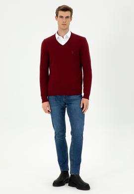 Erkek Slim Fit V Yaka Bordo Basic Kazak - 50294764034