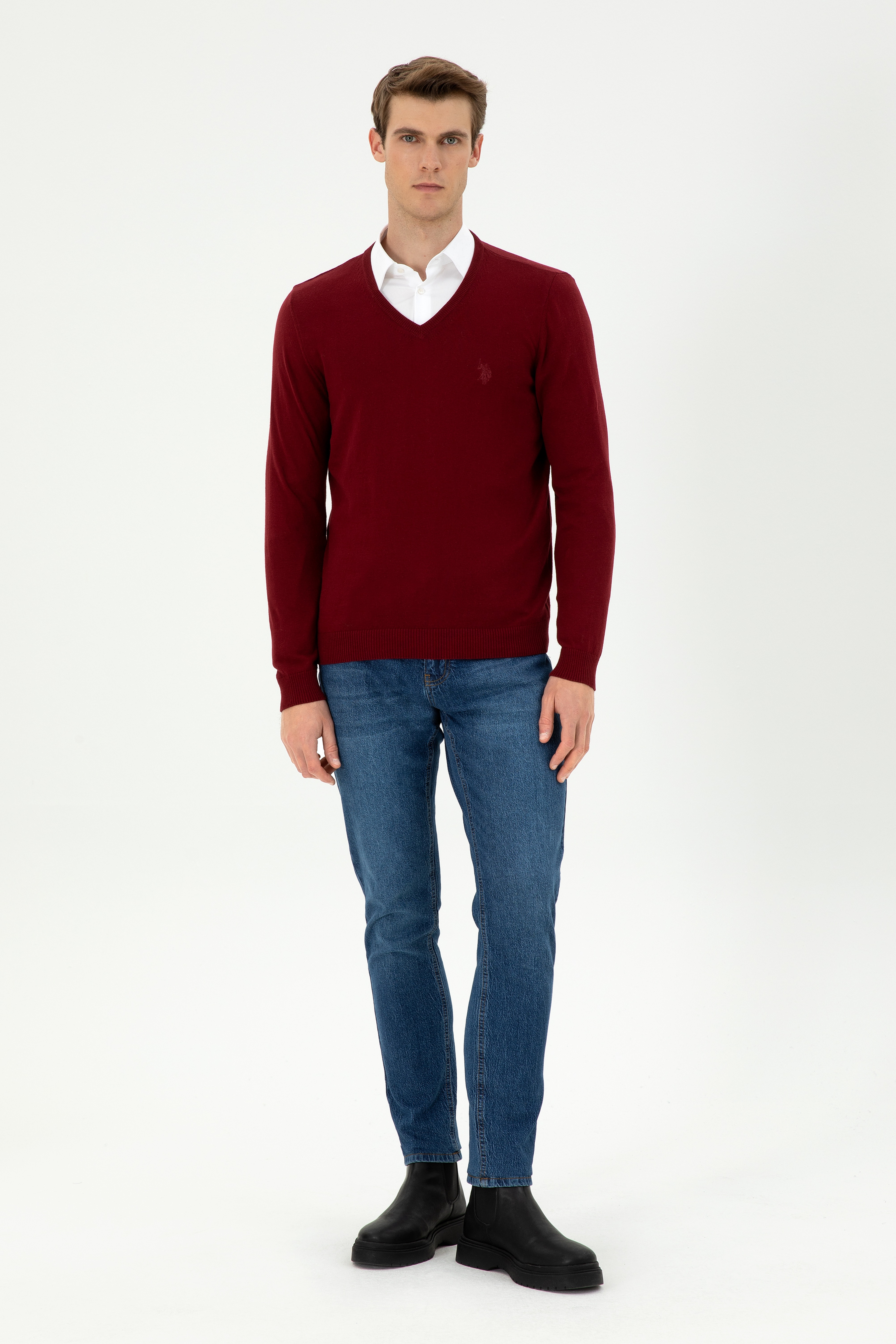 Erkek Slim Fit V Yaka Bordo Basic Kazak