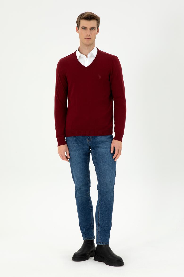 Erkek Slim Fit V Yaka Bordo Basic Kazak - 50294764034