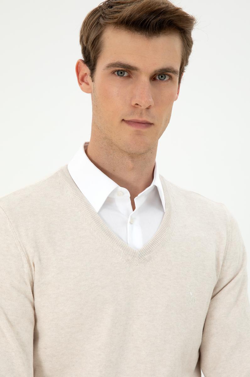 Erkek Slim Fit V Yaka Krem Melanj Basic Kazak