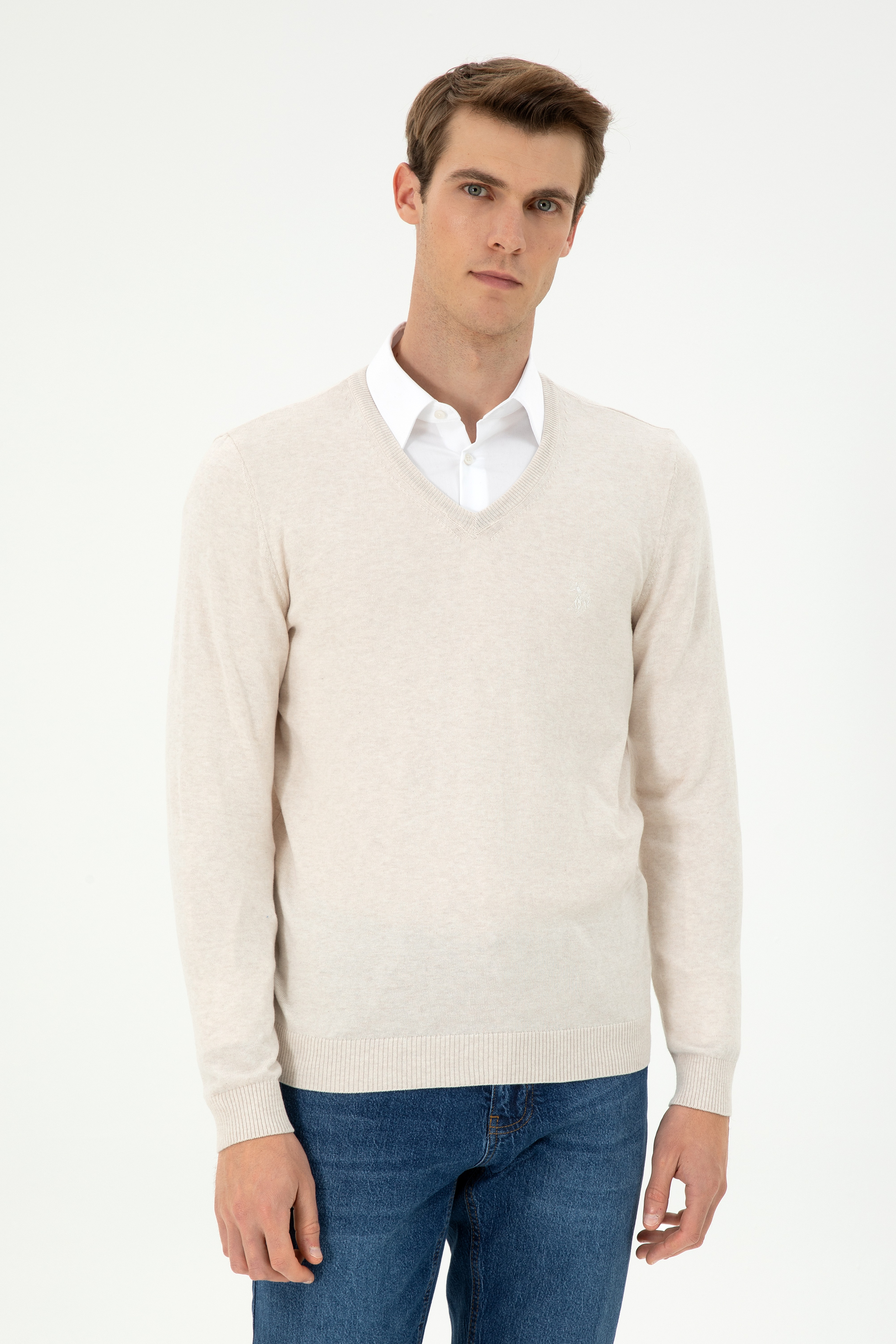 Erkek Slim Fit V Yaka Krem Melanj Basic Kazak - Image 1