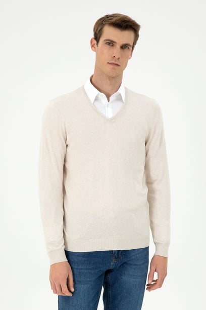 Erkek Slim Fit V Yaka Krem Melanj Basic Kazak