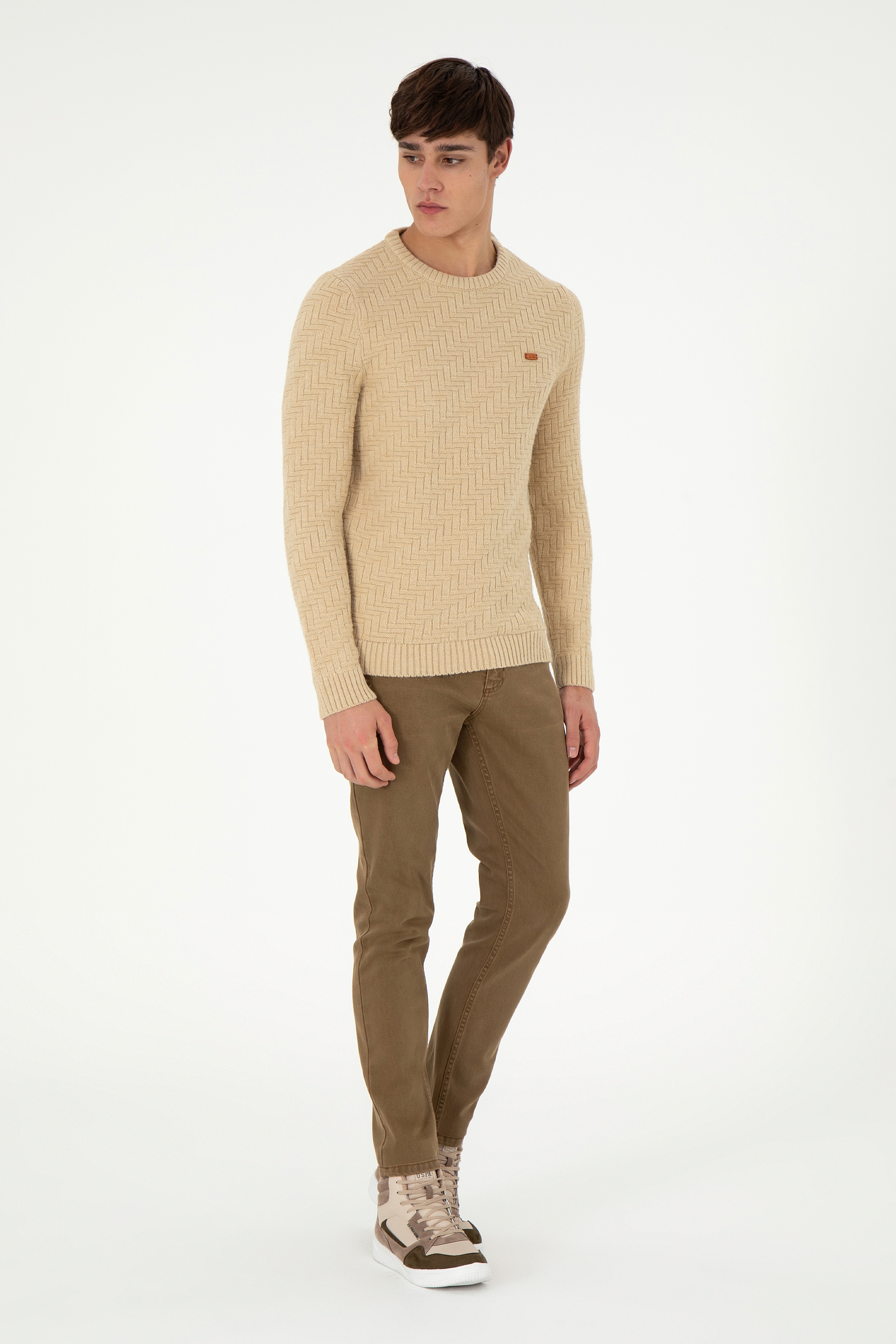 Erkek Slim Fit Bisiklet Yaka Kum Kazak - Image 4