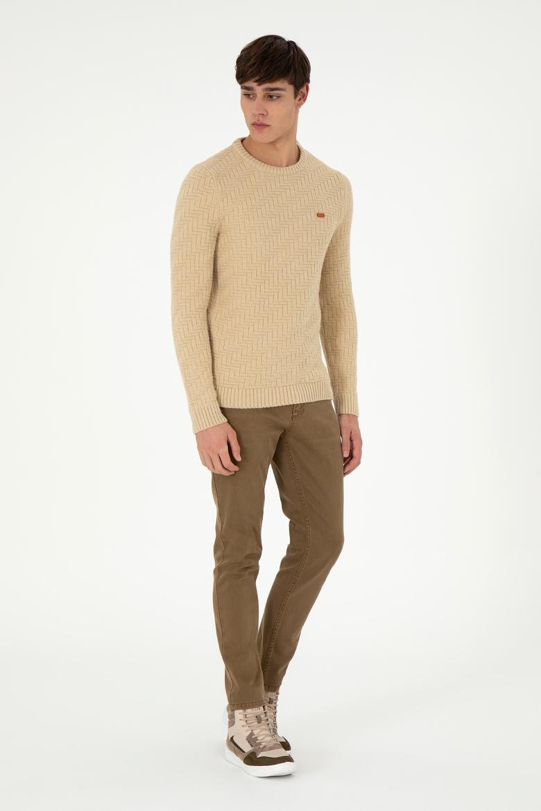 Erkek Slim Fit Bisiklet Yaka Kum Kazak - 50297050019