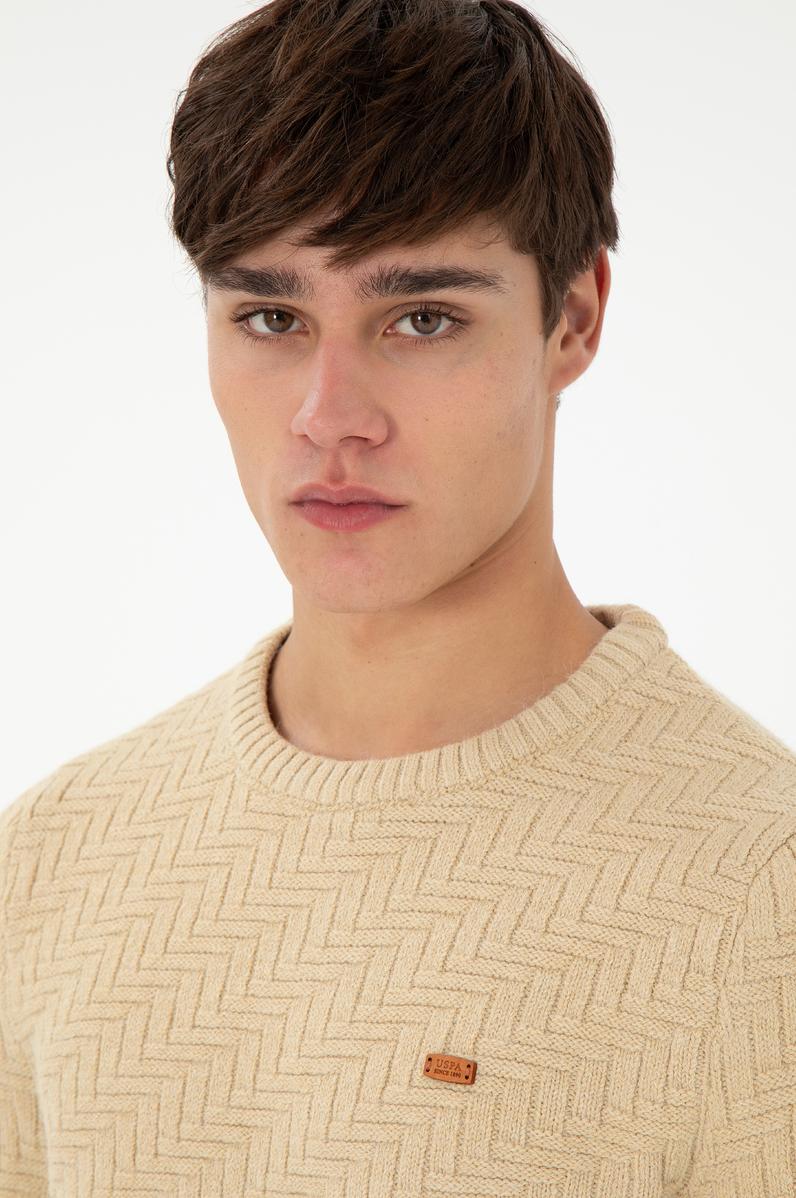 Erkek Slim Fit Bisiklet Yaka Kum Kazak