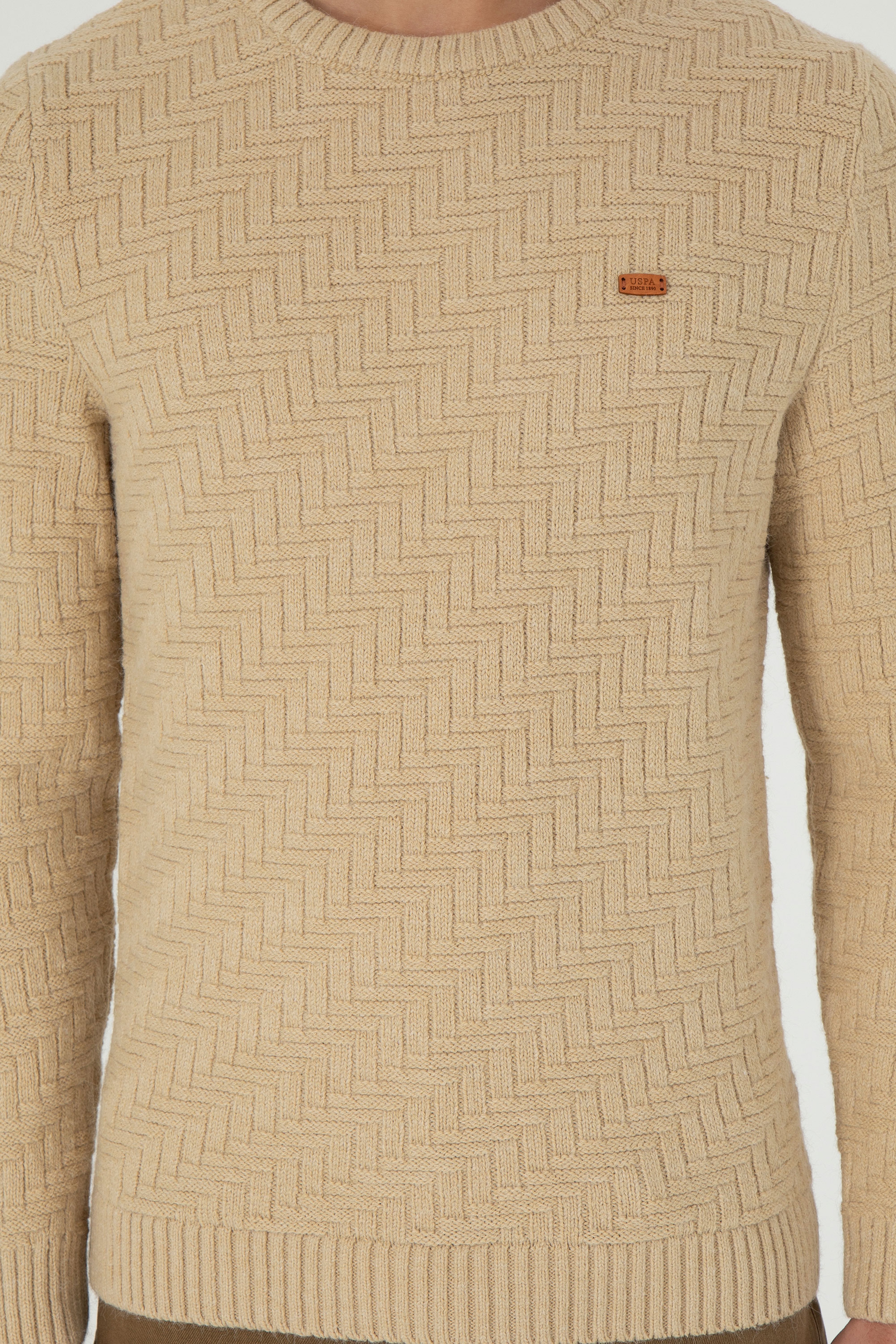 Erkek Slim Fit Bisiklet Yaka Kum Kazak