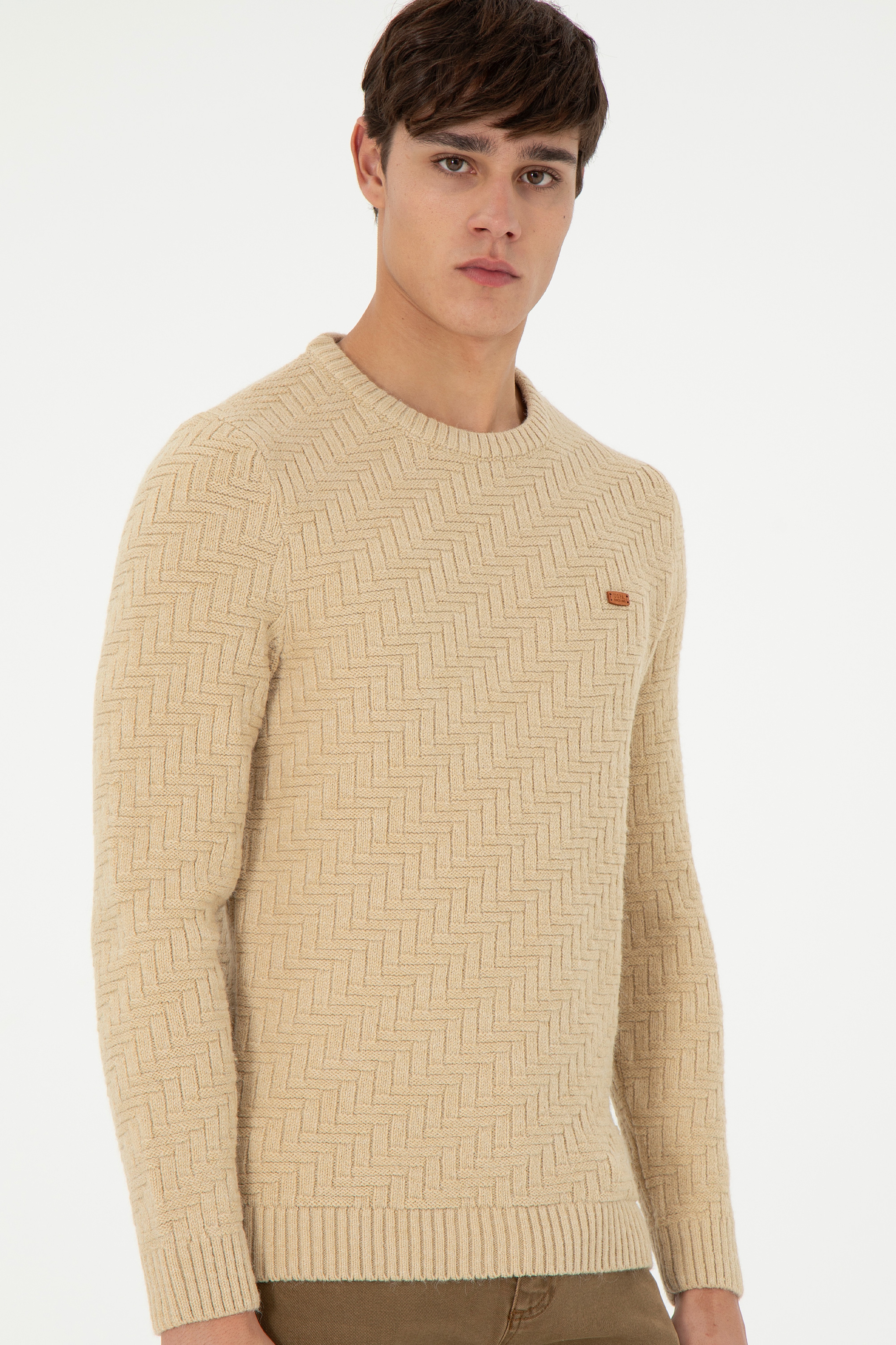 Erkek Slim Fit Bisiklet Yaka Kum Kazak