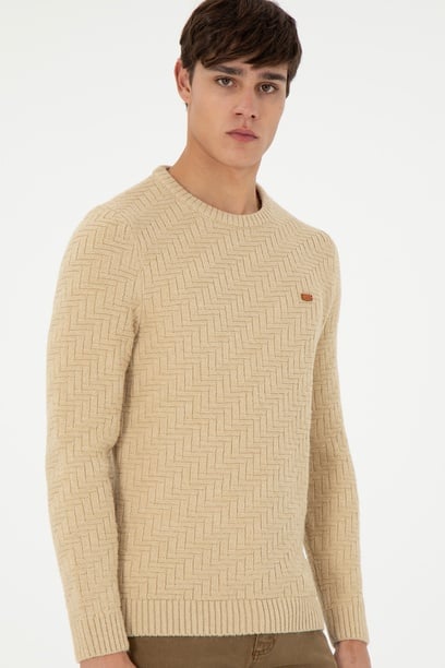 Erkek Slim Fit Bisiklet Yaka Kum Kazak