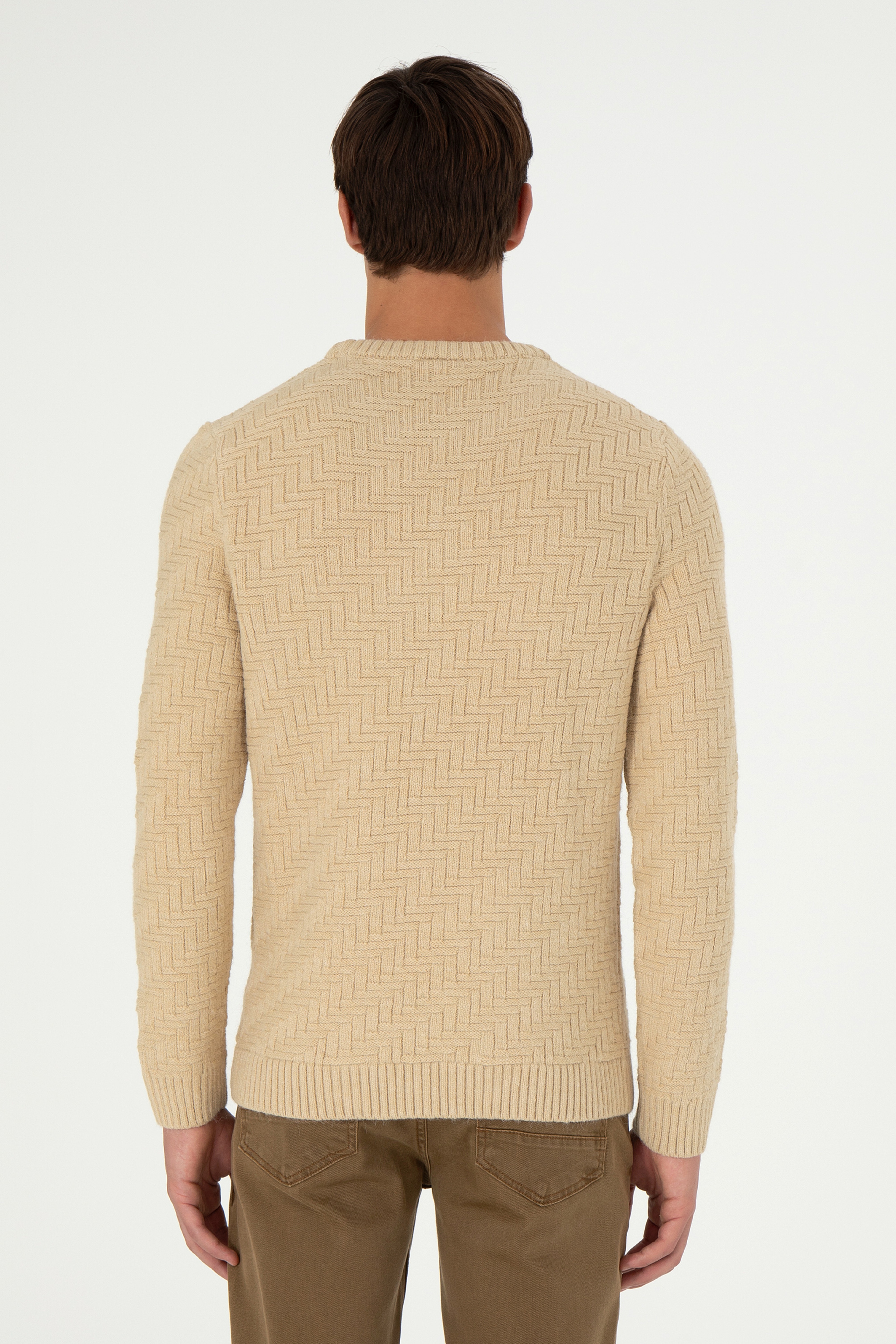 Erkek Slim Fit Bisiklet Yaka Kum Kazak