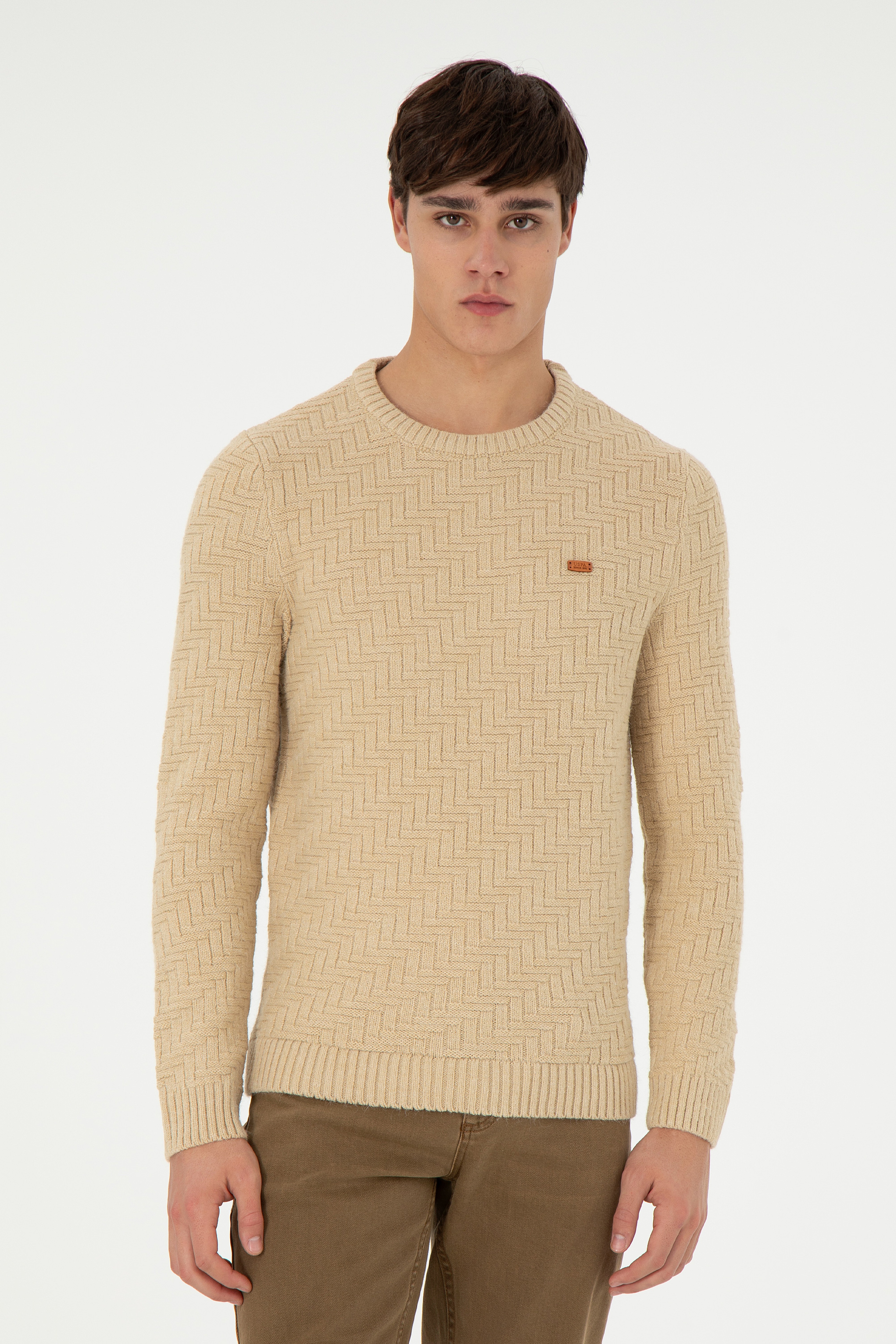 Erkek Slim Fit Bisiklet Yaka Kum Kazak - Image 1