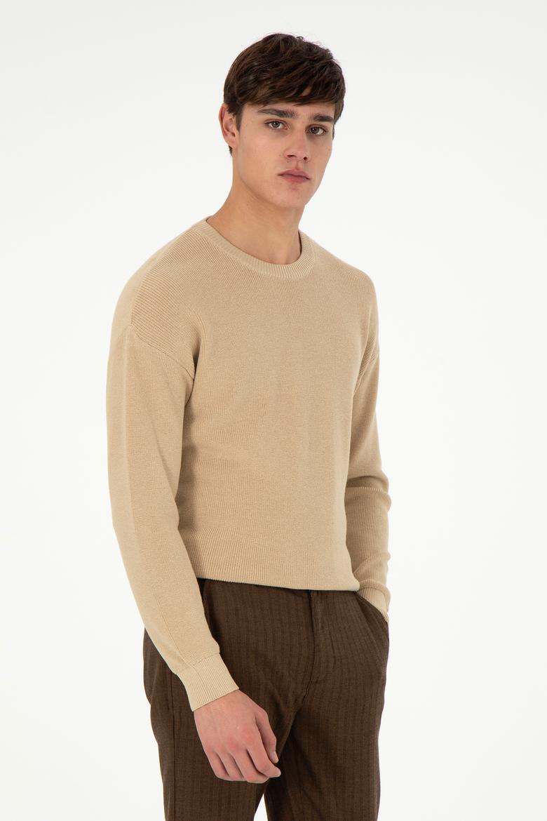 Erkek Regular Fit Bisiklet Yaka Kum Basic Kazak