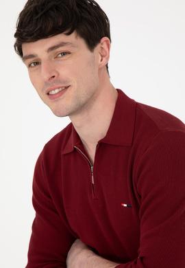 Erkek Regular Fit Yarım Fermuarlı Bordo Basic Kazak - 50298266020