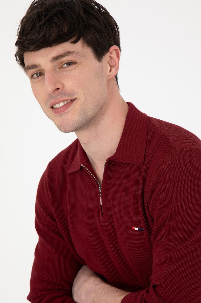 Erkek Regular Fit Yarım Fermuarlı Bordo Basic Kazak