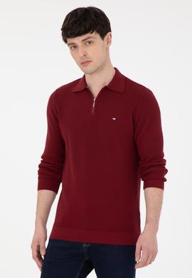 Erkek Regular Fit Yarım Fermuarlı Bordo Basic Kazak - 50298266020