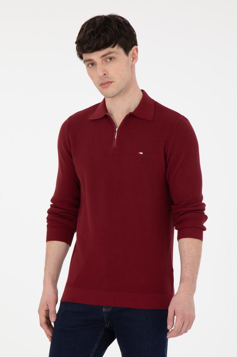 Erkek Regular Fit Yarım Fermuarlı Bordo Basic Kazak