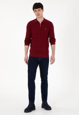Erkek Regular Fit Yarım Fermuarlı Bordo Basic Kazak - 50298266020