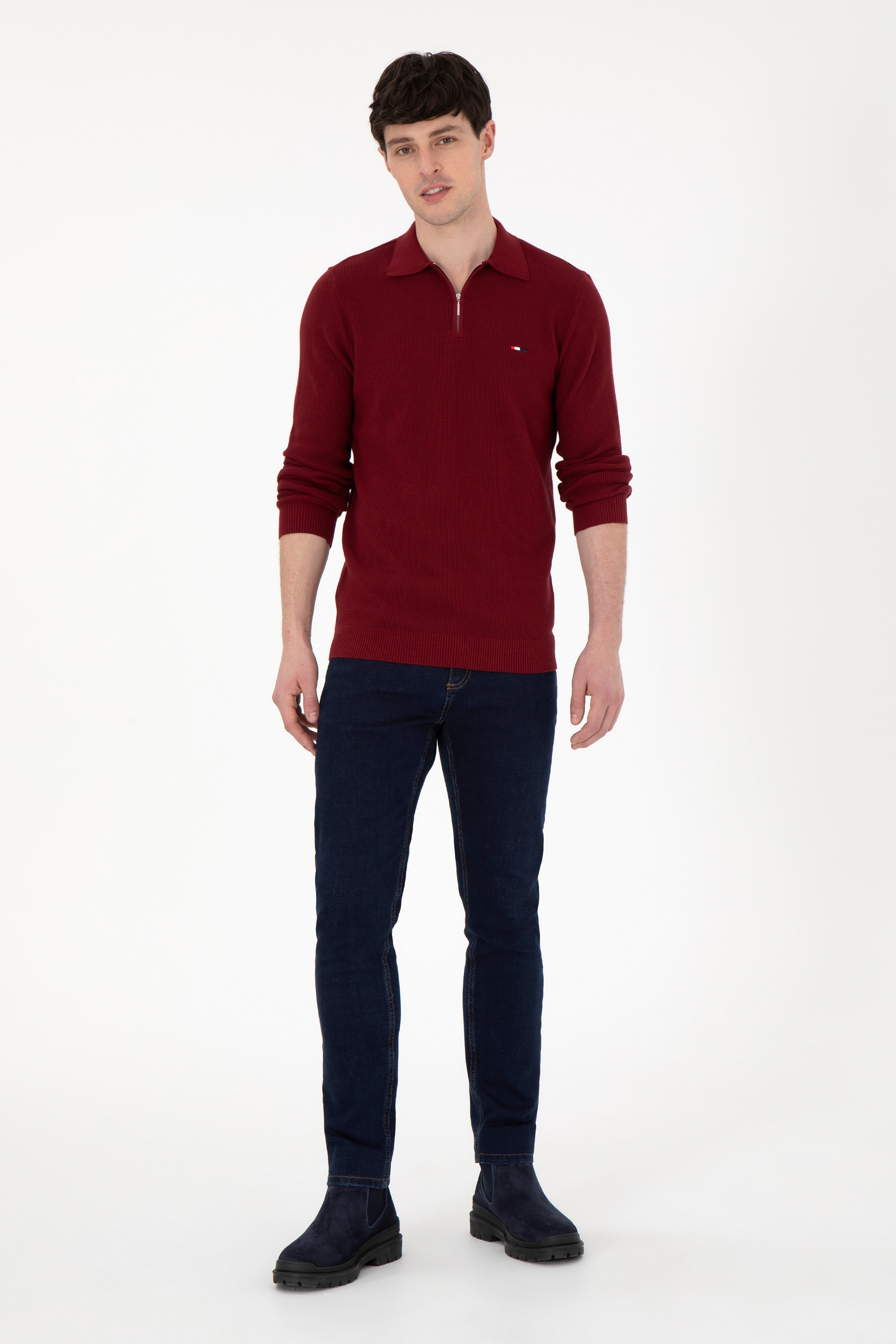 Erkek Regular Fit Yarım Fermuarlı Bordo Basic Kazak