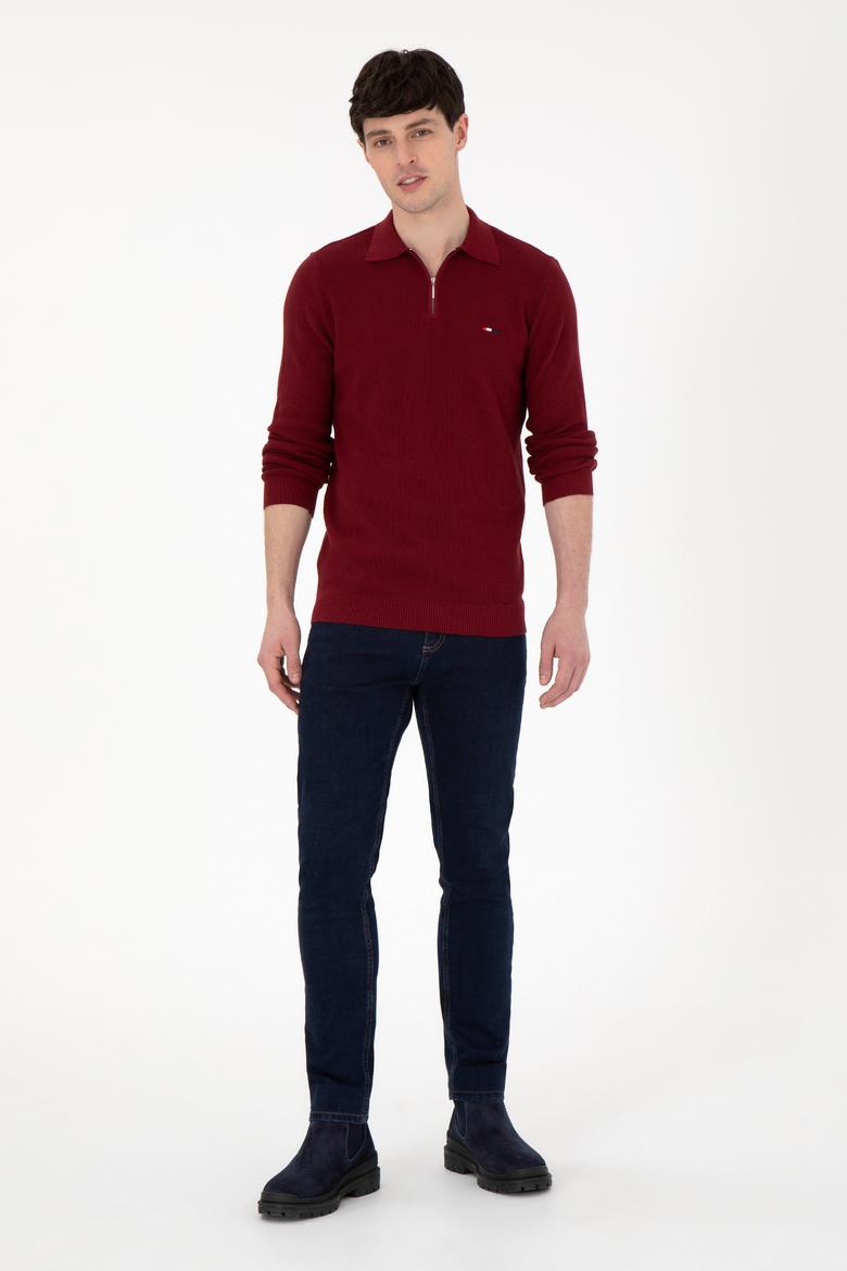 Erkek Regular Fit Yarım Fermuarlı Bordo Basic Kazak - 50298266020