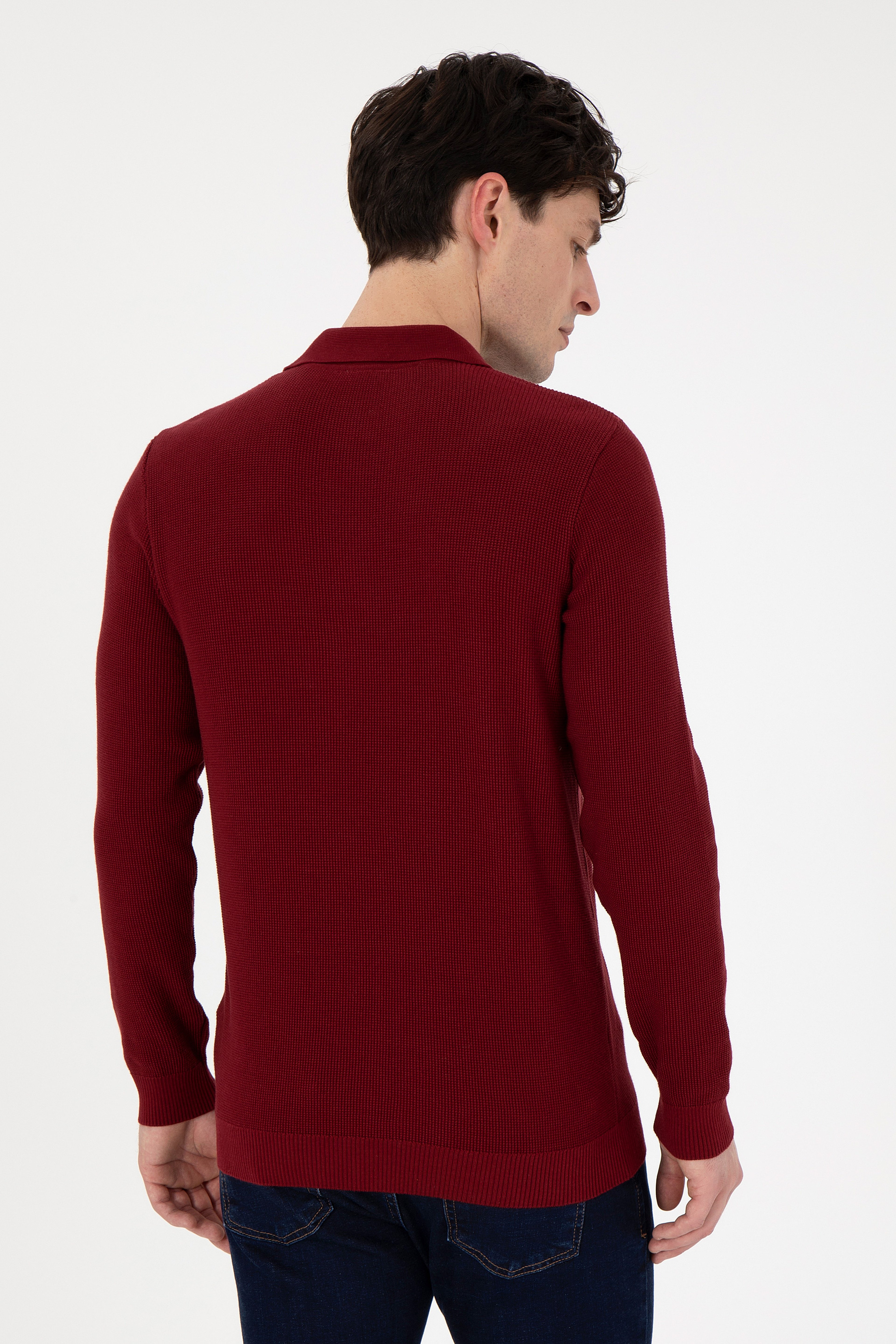 Erkek Regular Fit Yarım Fermuarlı Bordo Basic Kazak - Image 5