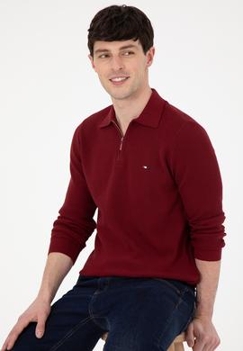 Erkek Regular Fit Yarım Fermuarlı Bordo Basic Kazak - 50298266020