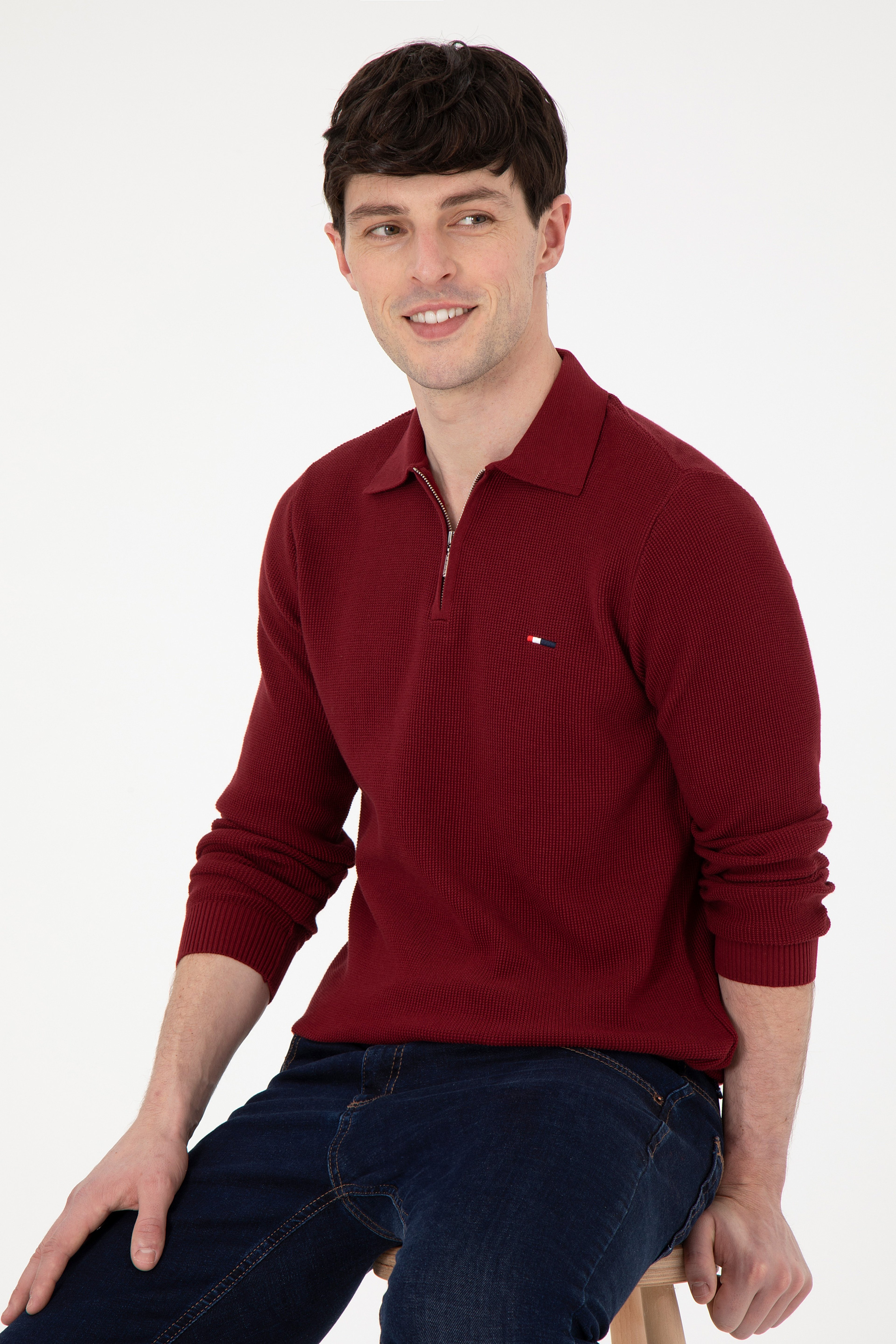 Erkek Regular Fit Yarım Fermuarlı Bordo Basic Kazak - Image 3