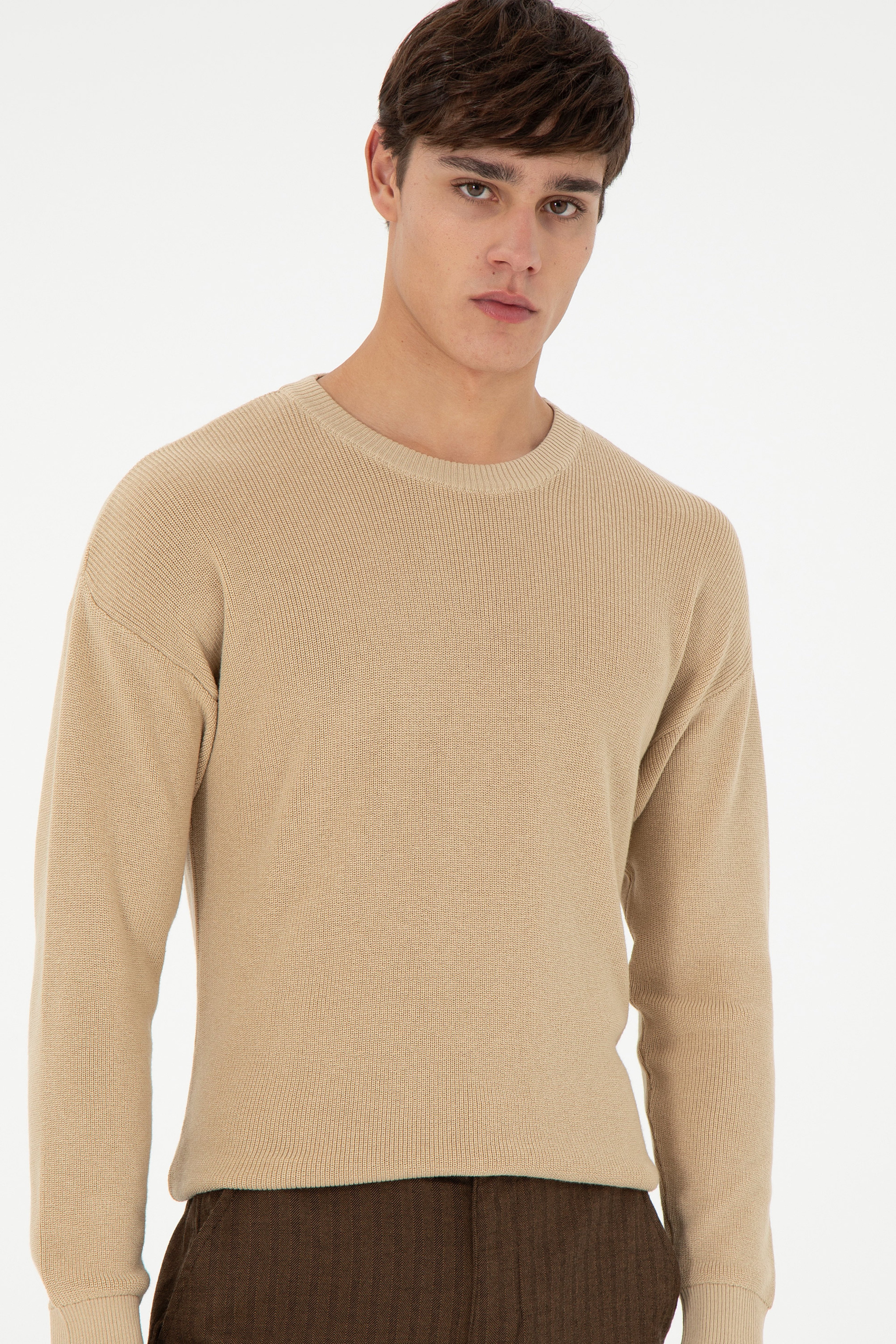 Erkek Regular Fit Bisiklet Yaka Kum Basic Kazak - Image 3