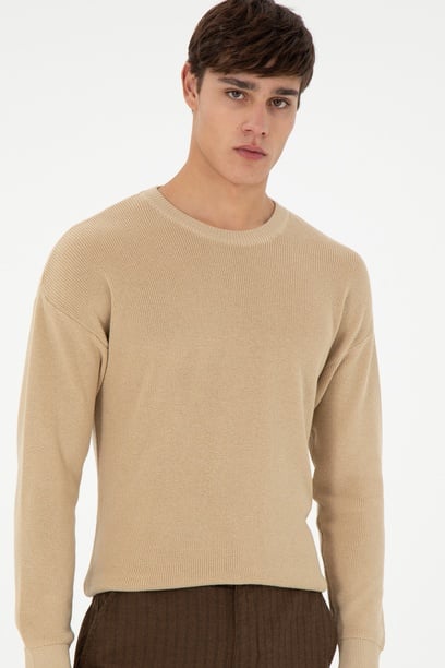 Erkek Regular Fit Bisiklet Yaka Kum Basic Kazak