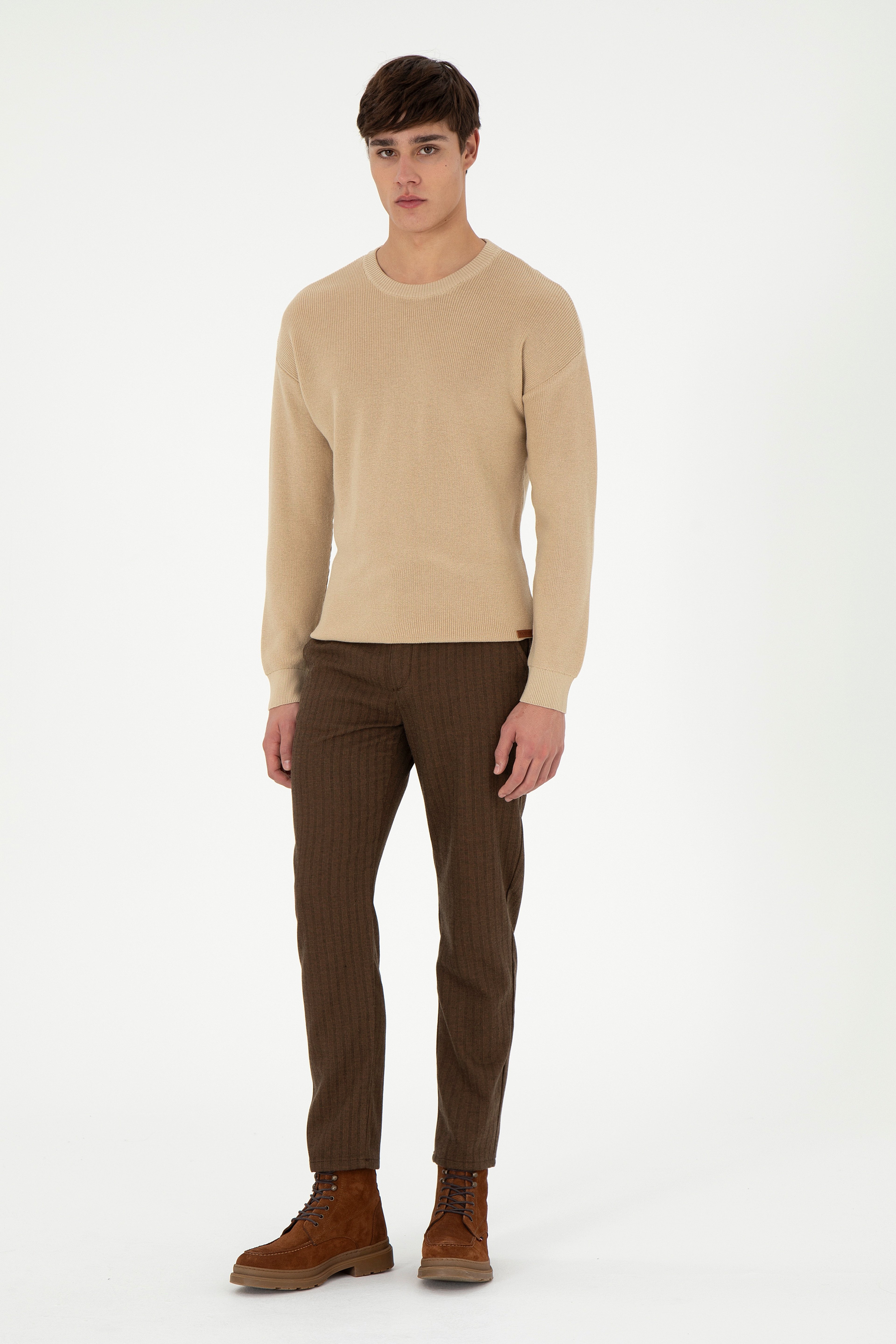 Erkek Regular Fit Bisiklet Yaka Kum Basic Kazak - Image 4