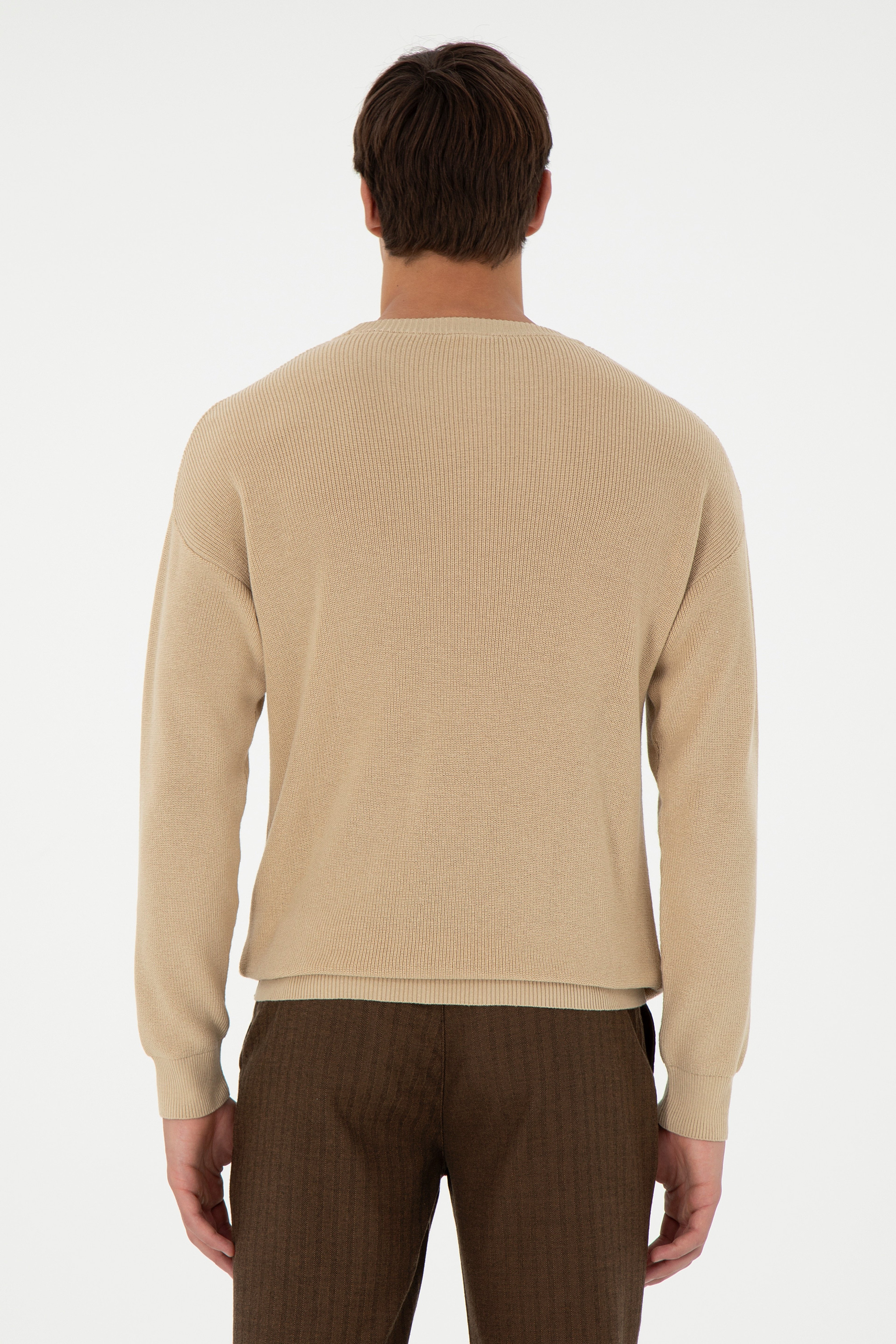 Erkek Regular Fit Bisiklet Yaka Kum Basic Kazak - Image 5