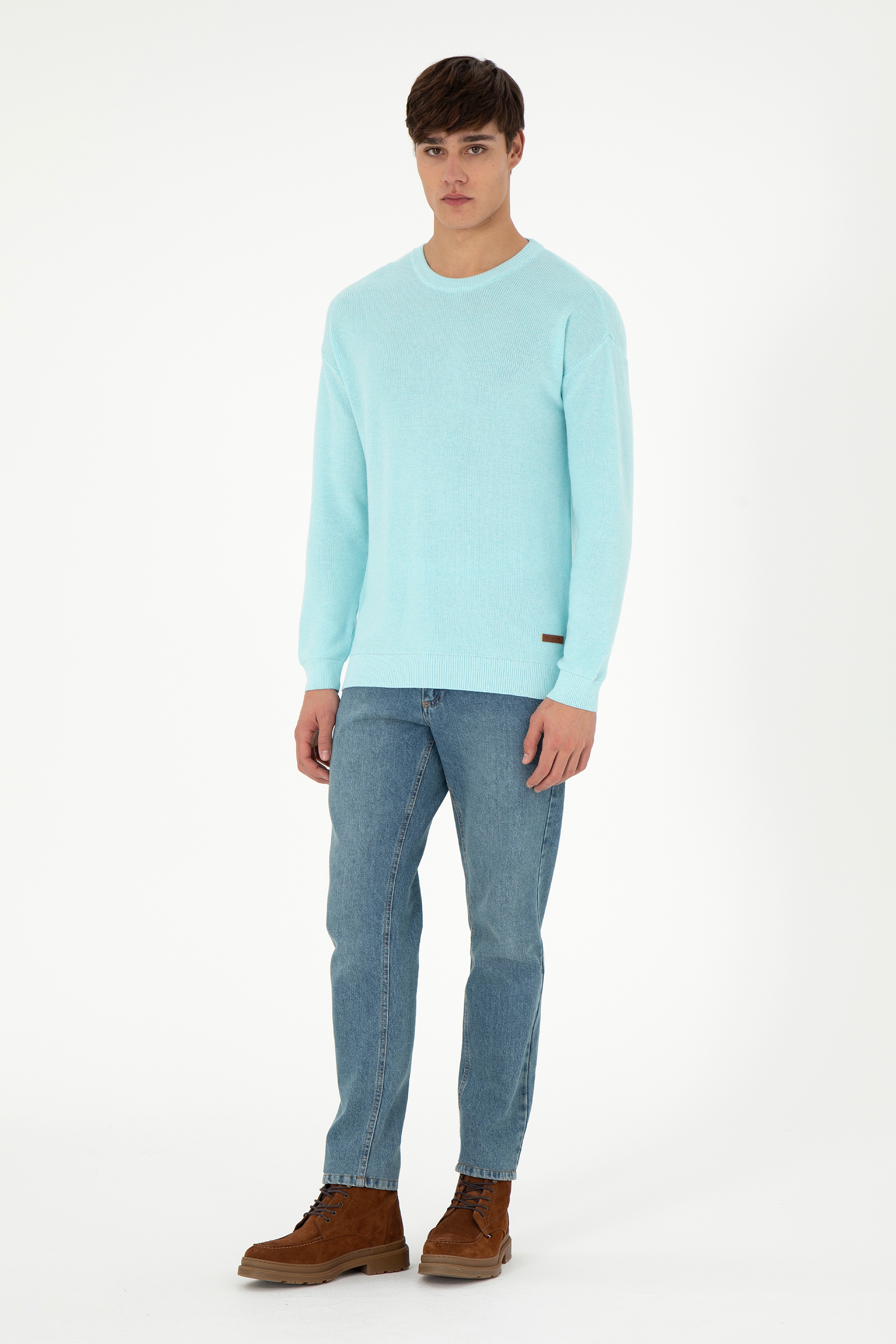 Erkek Regular Fit Bisiklet Yaka Açık Mavi Melanj Basic Kazak - Image 4