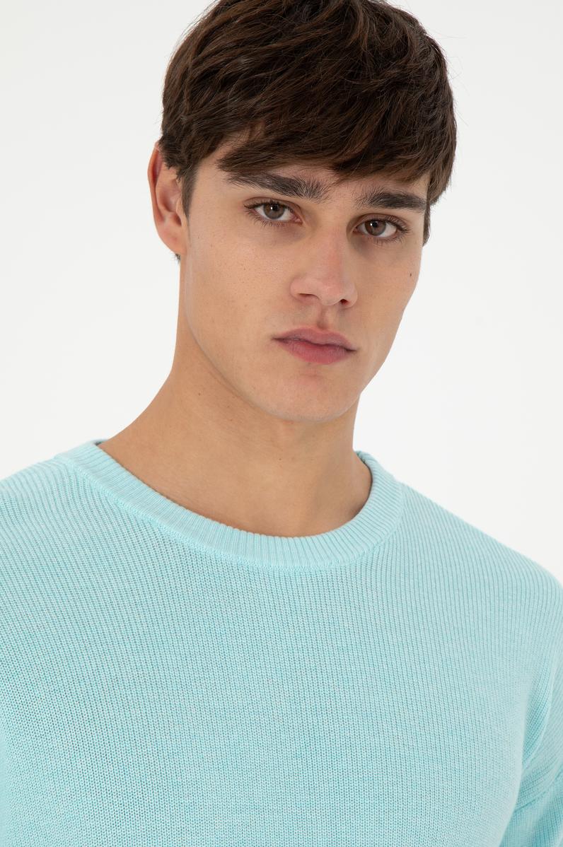 Erkek Regular Fit Bisiklet Yaka Açık Mavi Melanj Basic Kazak