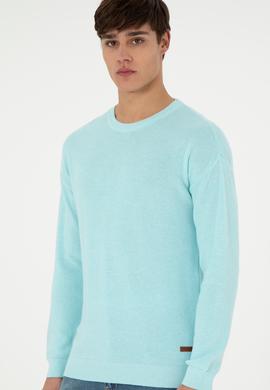 Erkek Regular Fit Bisiklet Yaka Açık Mavi Melanj Basic Kazak - 50298267025