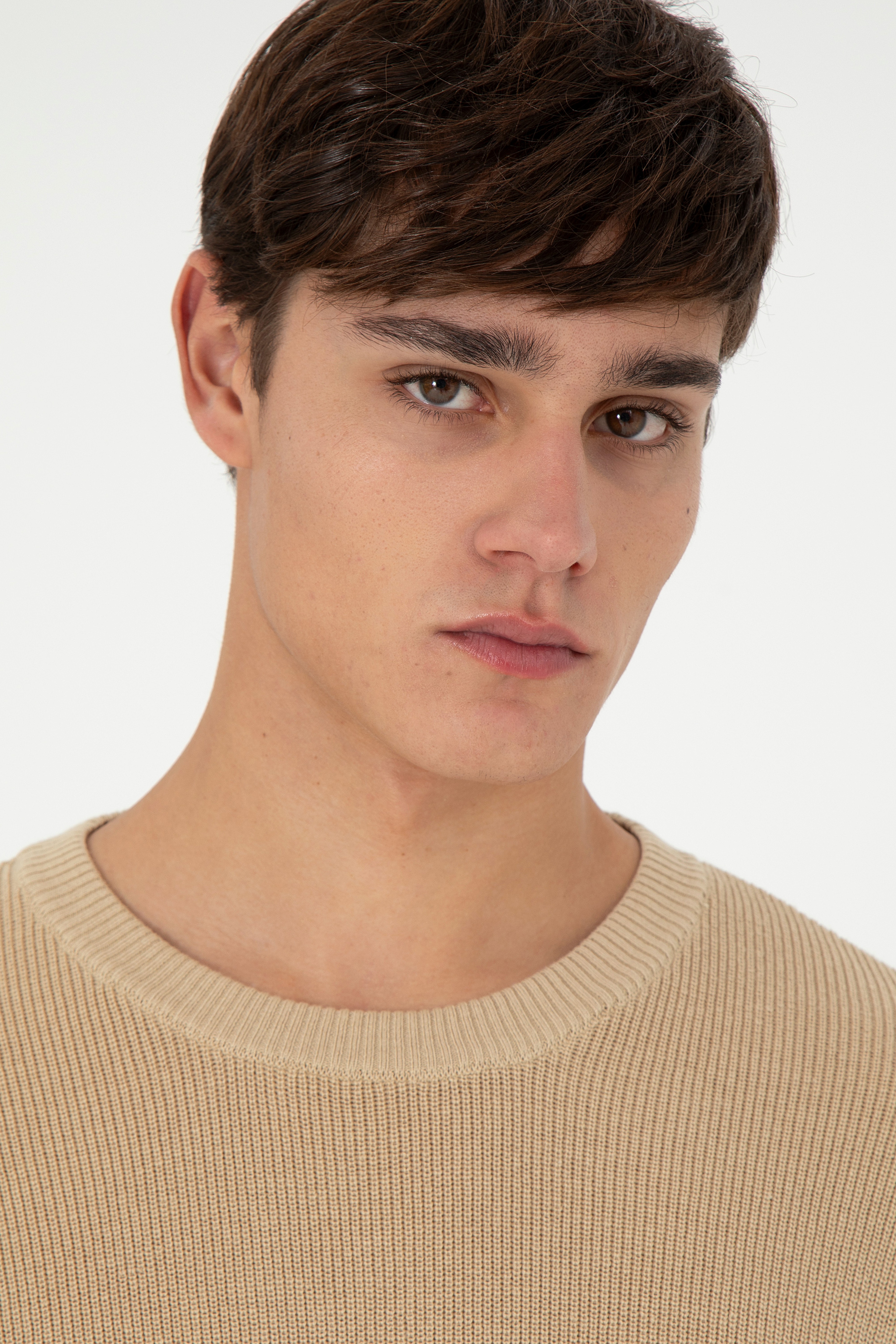 Erkek Regular Fit Bisiklet Yaka Kum Basic Kazak - Image 2