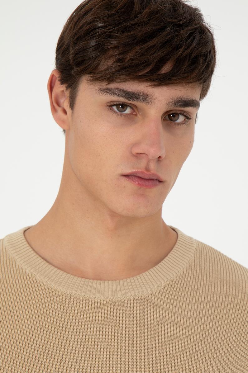 Erkek Regular Fit Bisiklet Yaka Kum Basic Kazak