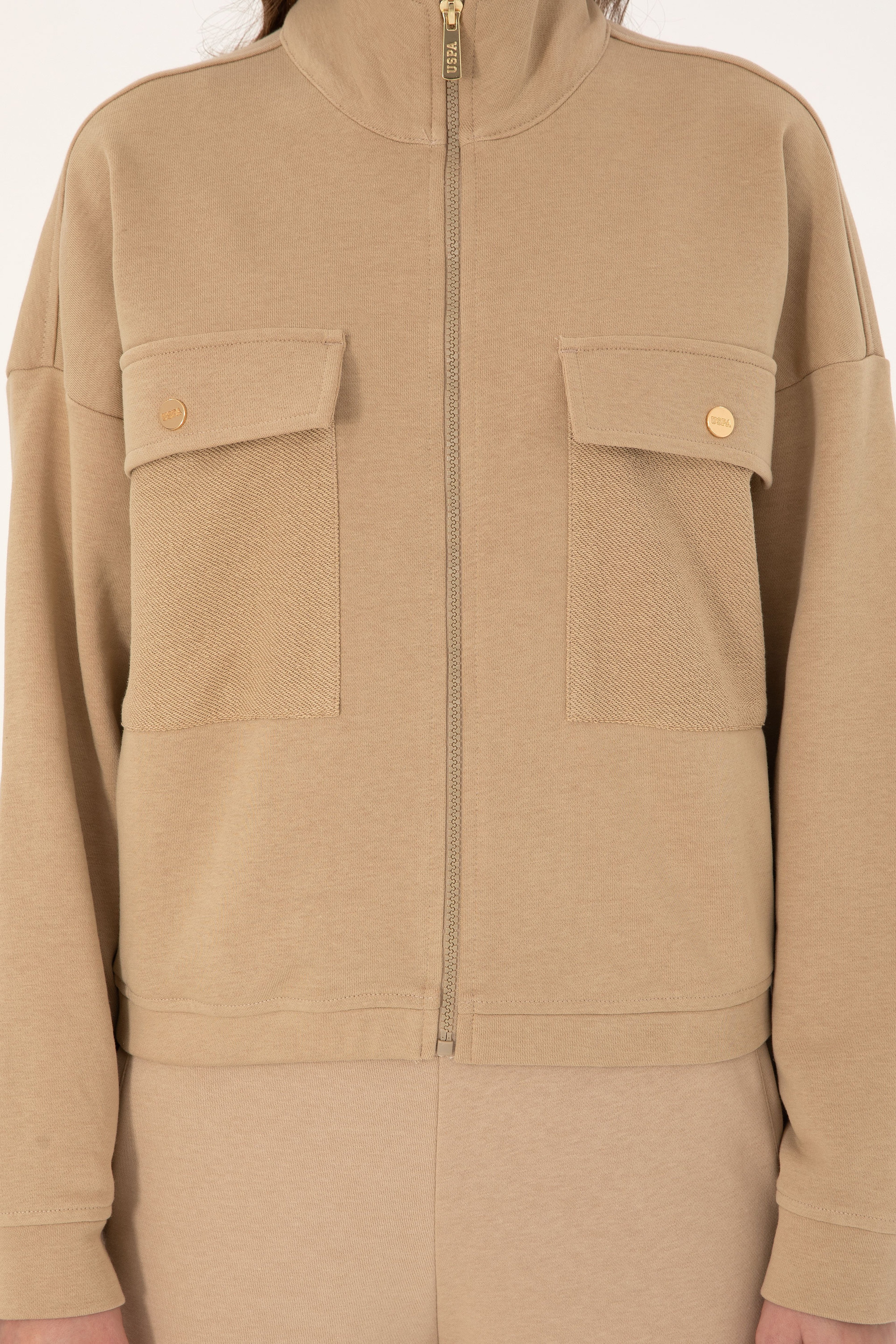 Kadın Kum Fermuarlı Dik Yaka Sweatshirt - Image 6