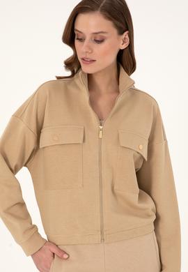 Kadın Kum Fermuarlı Dik Yaka Sweatshirt - 50299001008