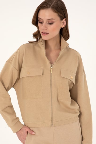 Kadın Kum Fermuarlı Dik Yaka Sweatshirt