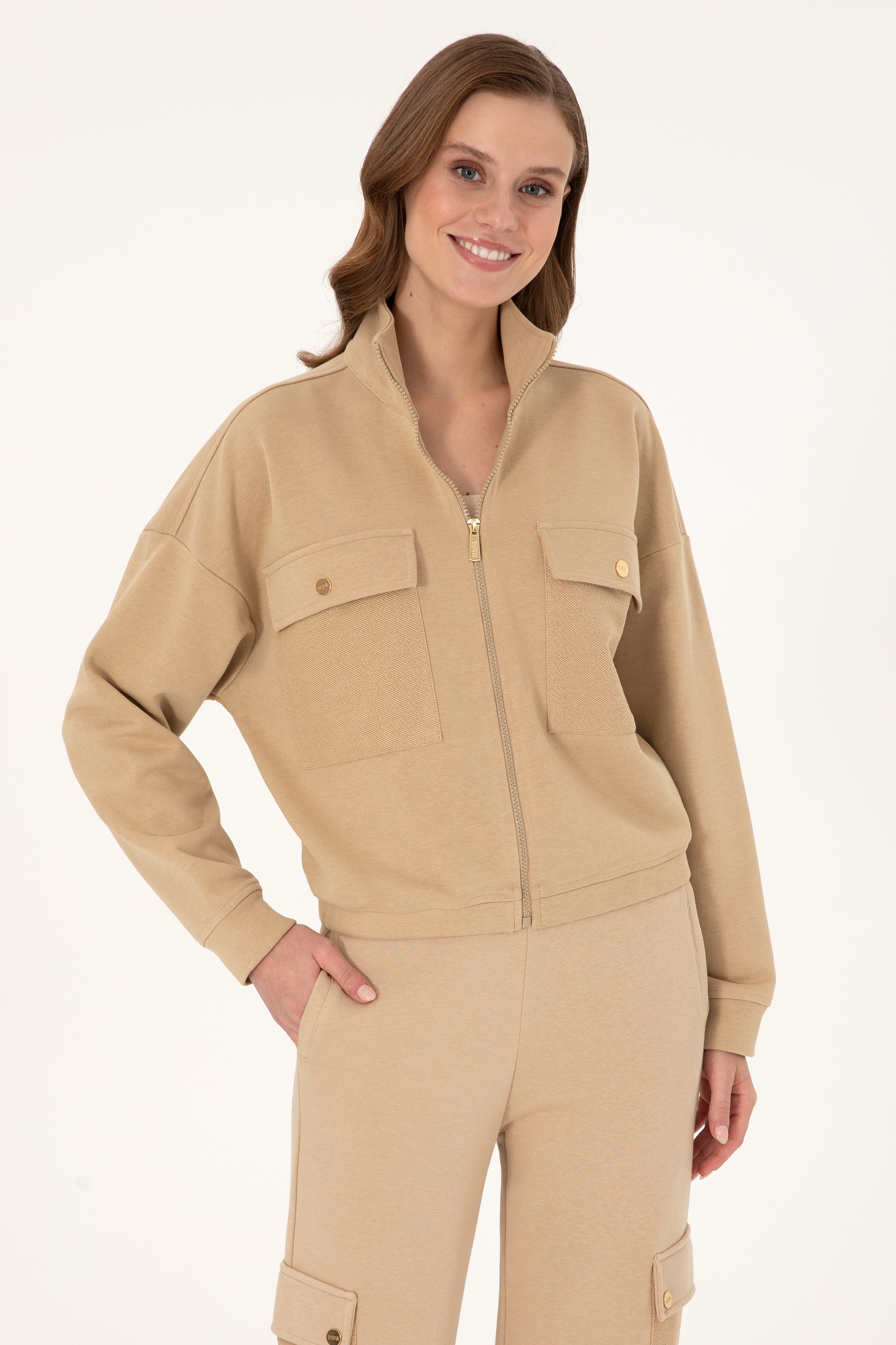 Kadın Kum Fermuarlı Dik Yaka Sweatshirt - Image 1