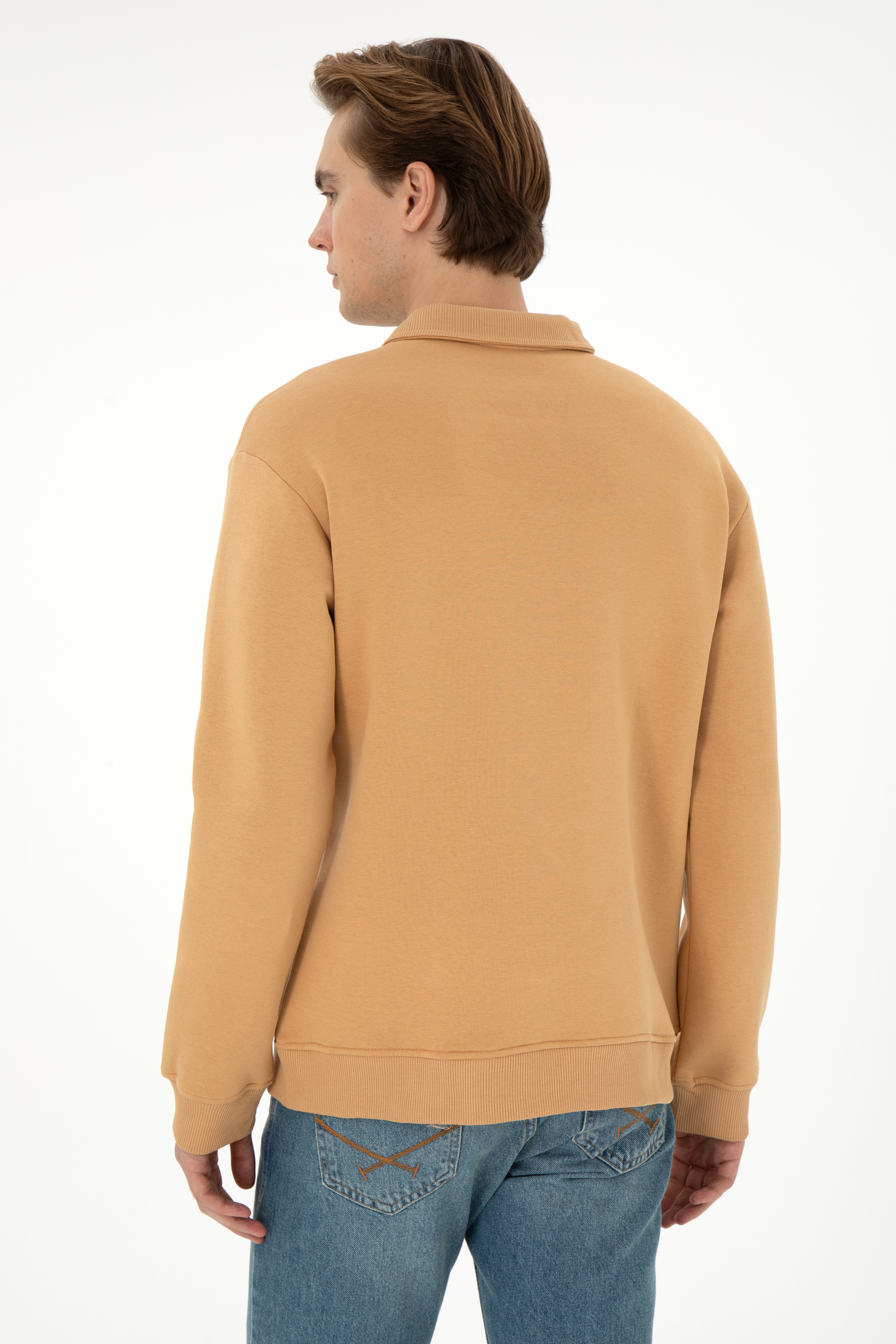 Erkek Comfort Fit Yarım Fermuarlı Camel Basic Sweatshirt - Image 5