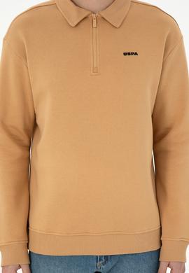 Erkek Comfort Fit Yarım Fermuarlı Camel Basic Sweatshirt - 50298265063
