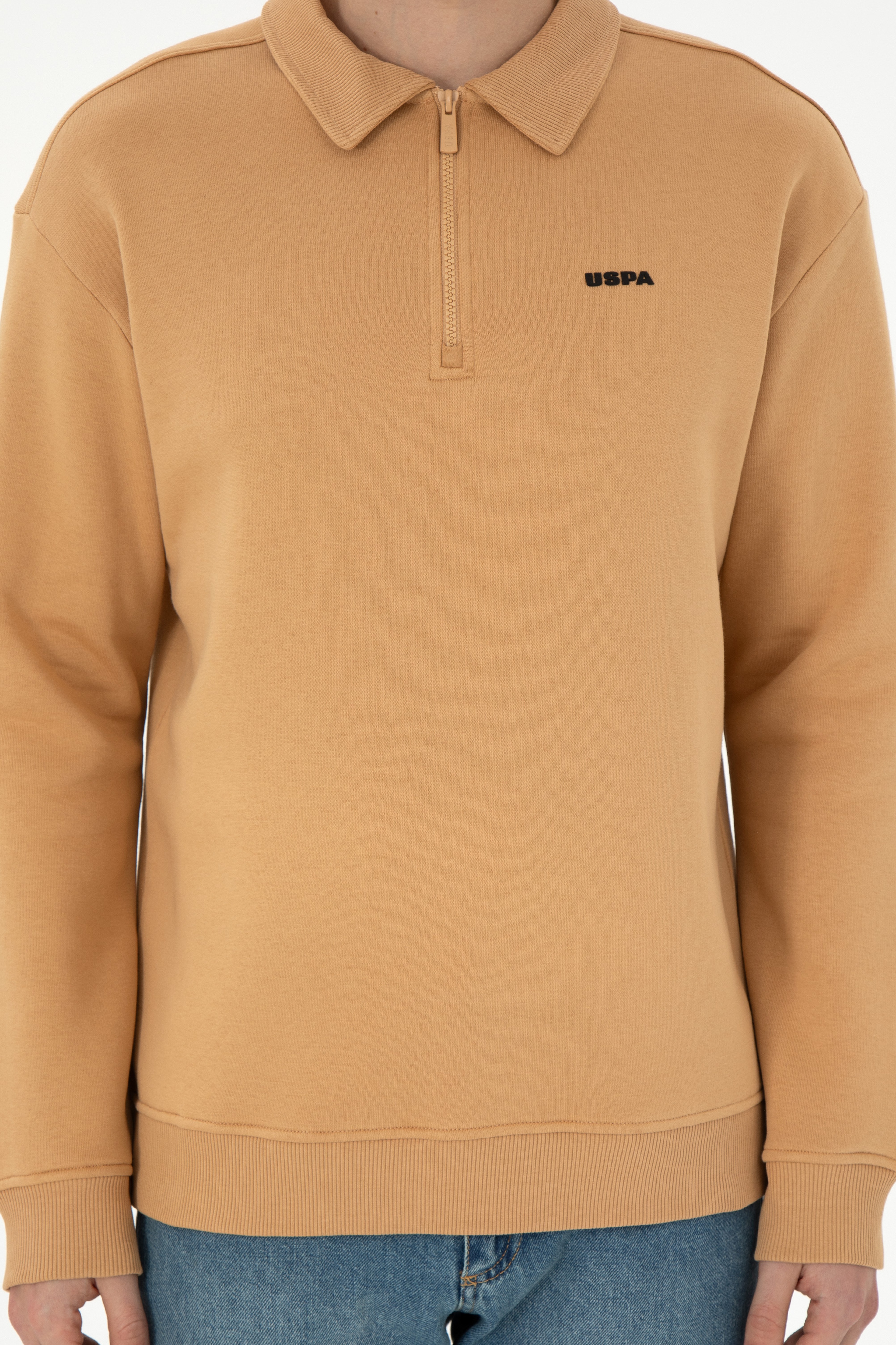 Erkek Comfort Fit Yarım Fermuarlı Camel Basic Sweatshirt
