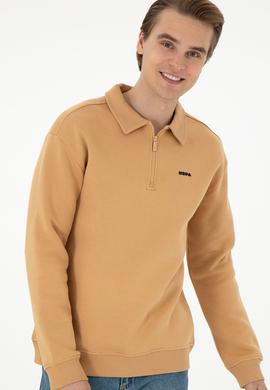 Erkek Comfort Fit Yarım Fermuarlı Camel Basic Sweatshirt - 50298265063