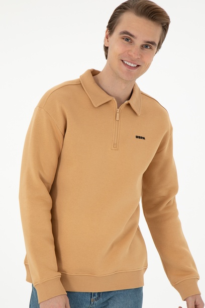 Erkek Comfort Fit Yarım Fermuarlı Camel Basic Sweatshirt