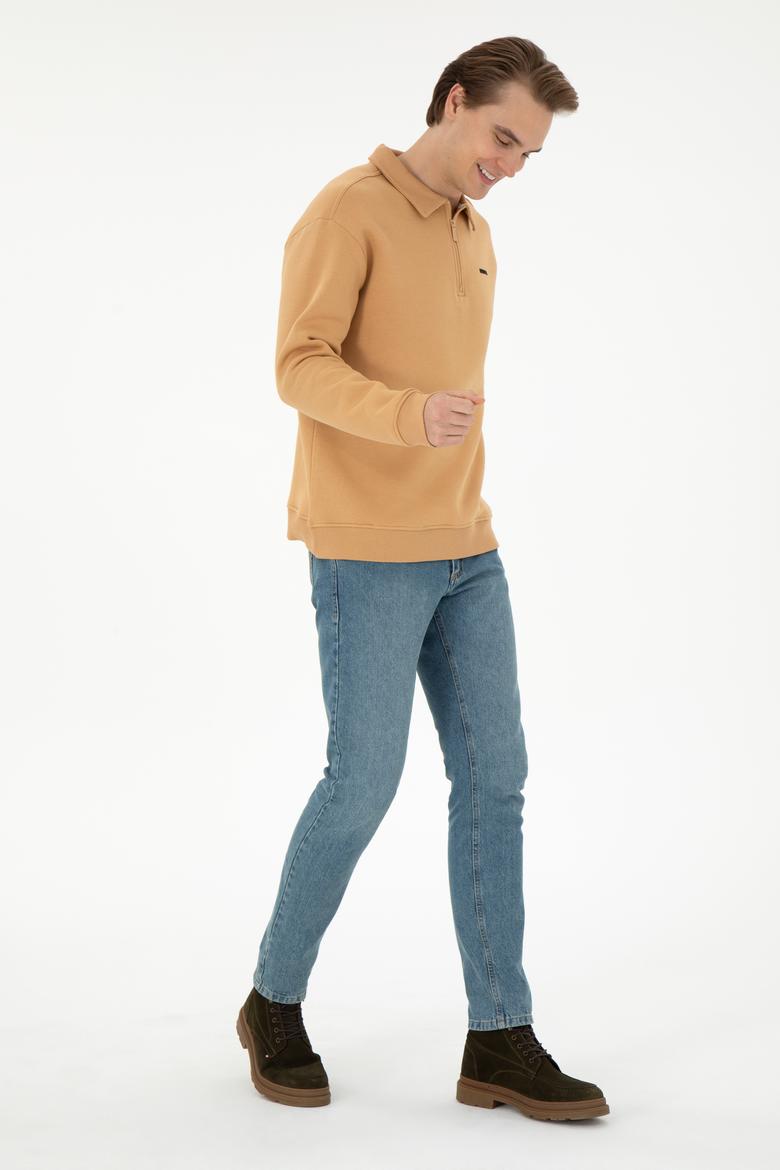 Erkek Comfort Fit Yarım Fermuarlı Camel Basic Sweatshirt - 50298265063