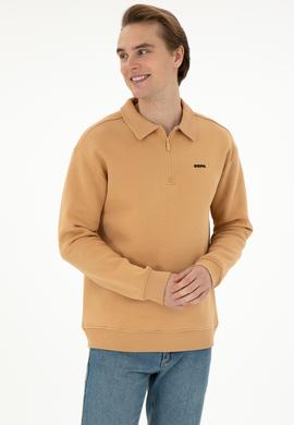 Erkek Comfort Fit Yarım Fermuarlı Camel Basic Sweatshirt - 50298265063