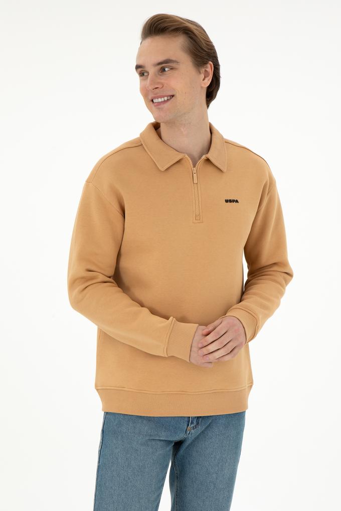 Erkek Comfort Fit Yarım Fermuarlı Camel Basic Sweatshirt