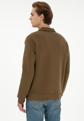 Erkek Comfort Fit Yarım Fermuarlı Haki Basic Sweatshirt - 50298265016