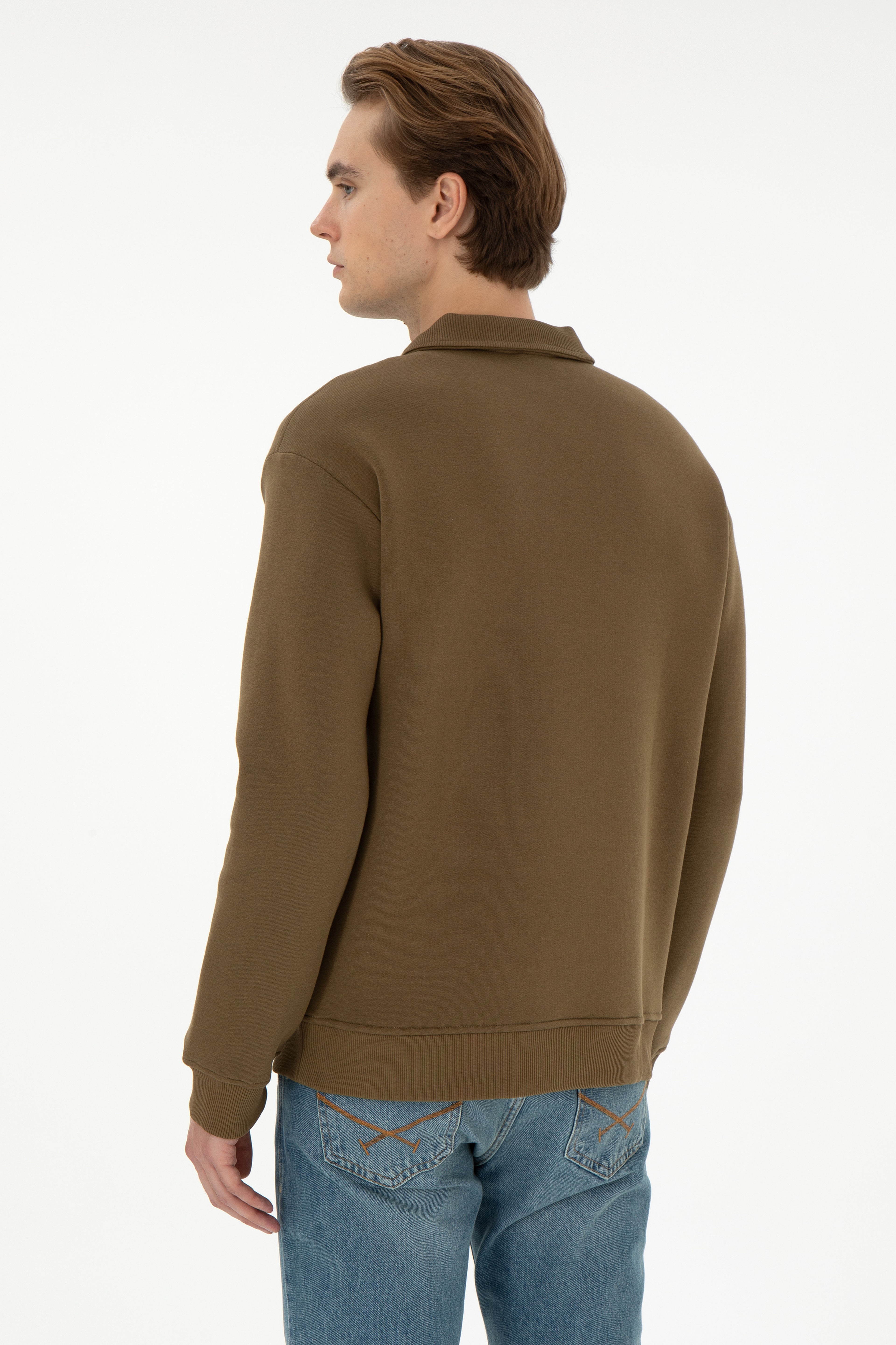 Erkek Comfort Fit Yarım Fermuarlı Haki Basic Sweatshirt
